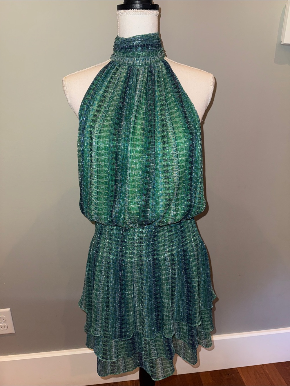 Ramy Brook metallic Green Halter Tiered Mini Dress